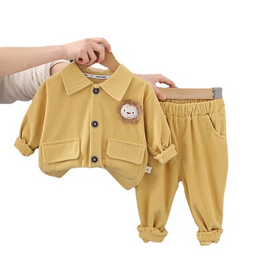 Children Workwear Suit  Boys' Solid Color Single-Breasted Corduroy Cardigan Spring Wear Hoodie Sweatpants Two Pieces—4