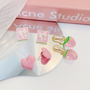 Sterling Silver Needle Pink Girly Heart Super Sweet Earrings Suit Korean Niche Temperament Design Sense Simple Earrings—4