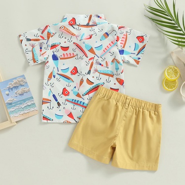 European and American Style Boys Summer Suit Boyish Look Short Sleeve Printed Shirt Solid Color Shorts Casual Two-Piece Suit—2
