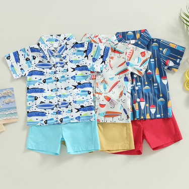 European and American Style Boys Summer Suit Boyish Look Short Sleeve Printed Shirt Solid Color Shorts Casual Two-Piece Suit—1