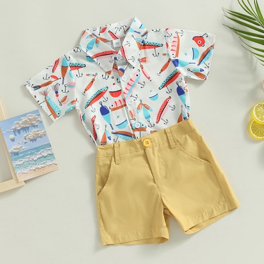 European and American Style Boys Summer Suit Boyish Look Short Sleeve Printed Shirt Solid Color Shorts Casual Two-Piece Suit—3