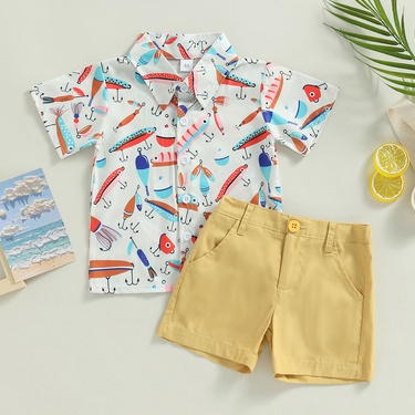 European and American Style Boys Summer Suit Boyish Look Short Sleeve Printed Shirt Solid Color Shorts Casual Two-Piece Suit—4