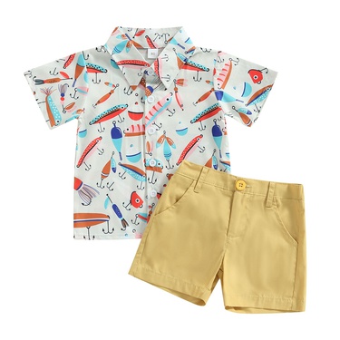 European and American Style Boys Summer Suit Boyish Look Short Sleeve Printed Shirt Solid Color Shorts Casual Two-Piece Suit—5