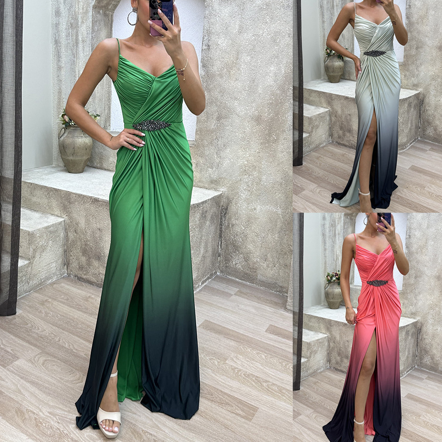 Wholesale women's strap dress classic style strap printing slit zipper  sleeveless gradient color maxi long dress banquet party - Nihaojewelry