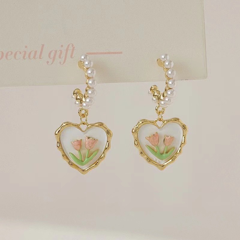 Wholesale 1 Pair Sweet Heart Shape Flower Enamel Inlay Alloy