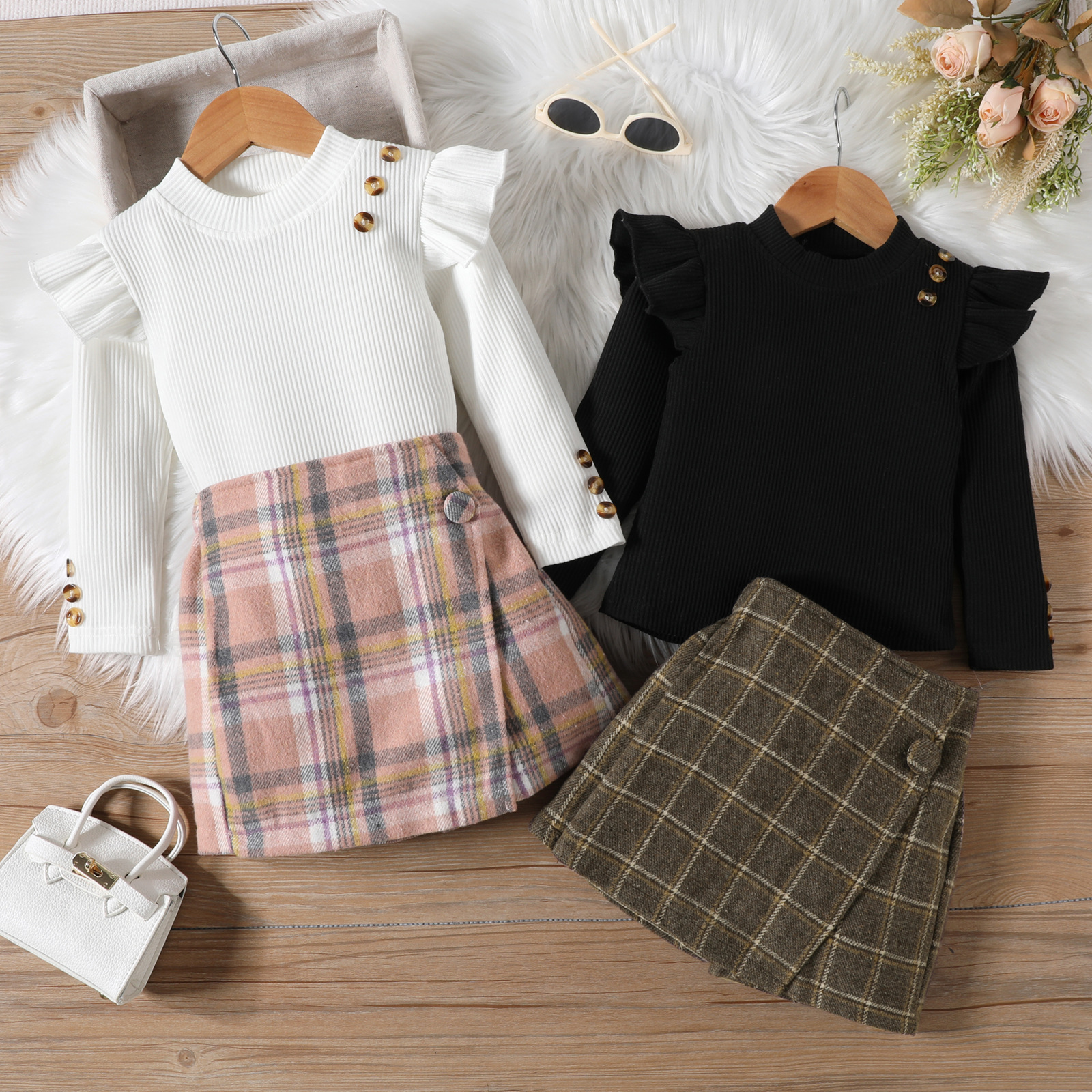 Wholesale preppy style plaid button cotton girls clothing sets -  Nihaojewelry