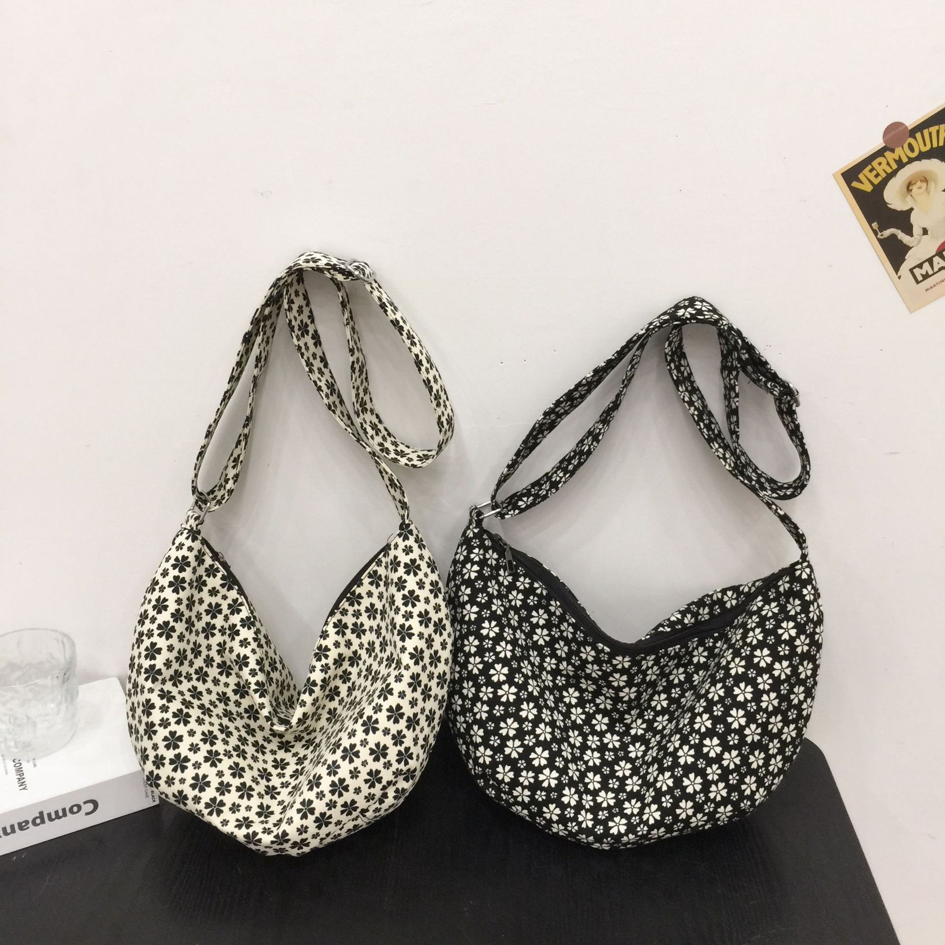 Vintage Crescent Bag For Women, Polka Dot Print Shoulder Bag