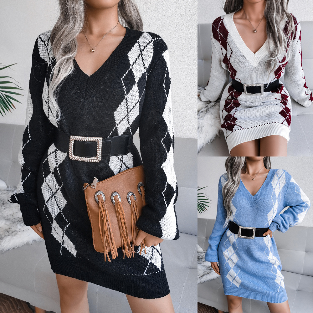 Wholesale women's sweater dress casual preppy style v neck rib-knit long  sleeve lingge above knee street - Nihaojewelry