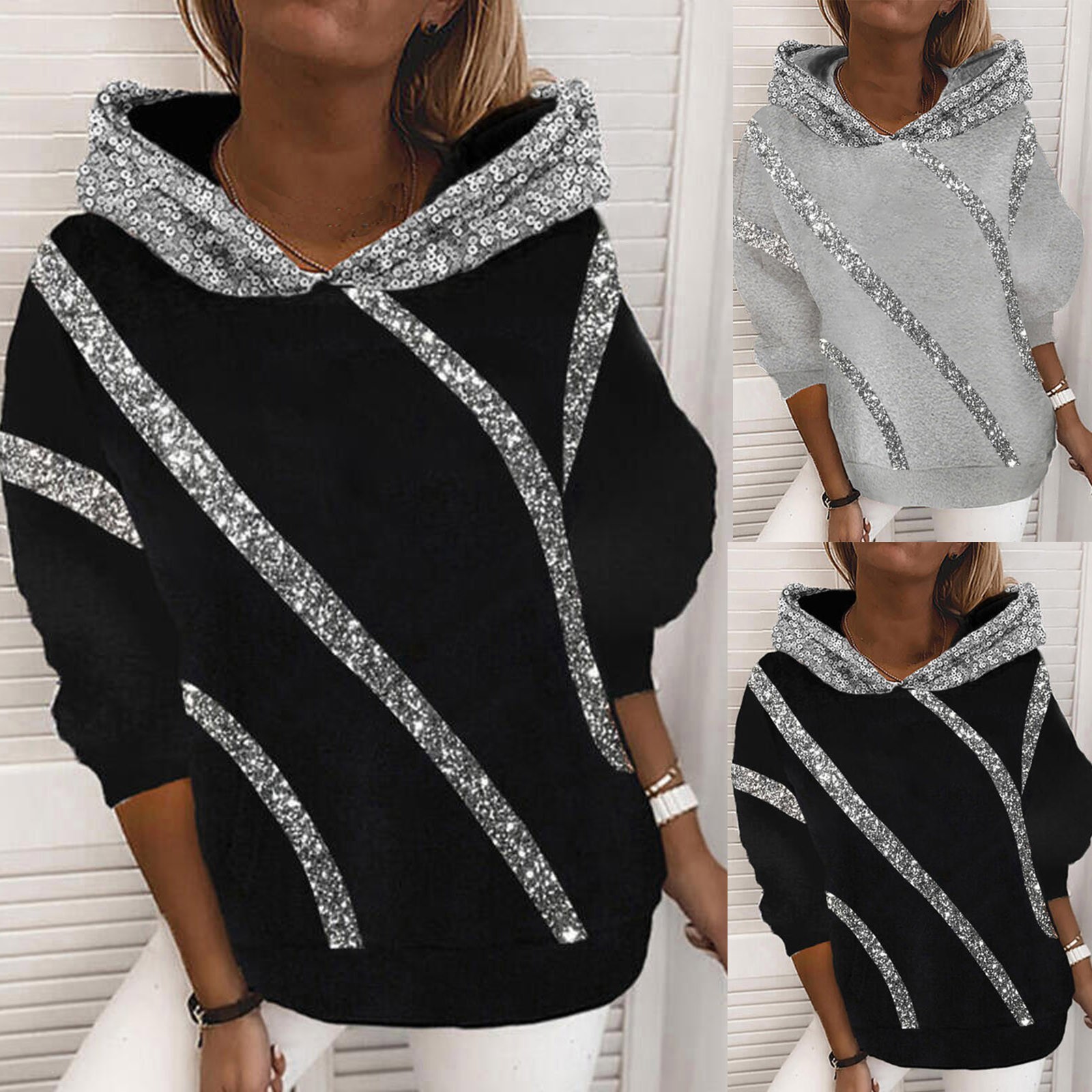 BLACK AND SILVER SEQUIN HOODIE